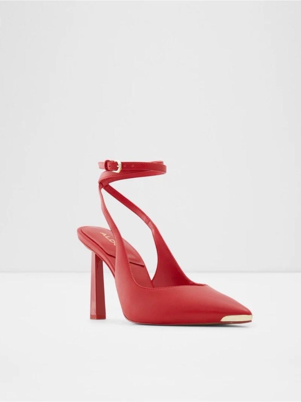 Aldo Red Pointed Ankle-Strap High Heel with Gold Toe Accent